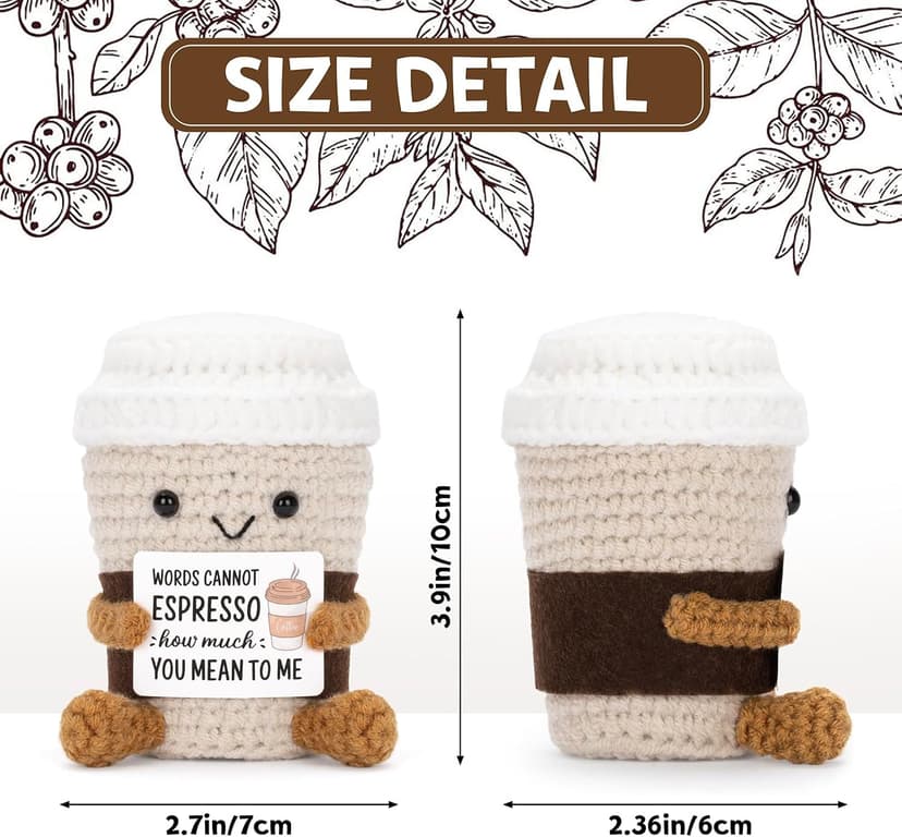 Funny Positive Coffee, Emotional Crochet Doll, Cute Crochet Potato Partner Toy with Positive Card Cheer Up Funny Gag Gifts for Best Friend Birthday Women Teacher Fall（Coffee B0DW8XPF2P