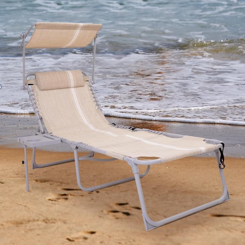 #WEJO 4-in-1 Tanning Chair with Face Hole and Side Table - 5-Position Face Down Folding Chaise Lounge with Canopy Shade & Cup Holder - Portable Heavy Duty Tanning Bed for Beach, Pool, Patio (Khaki)