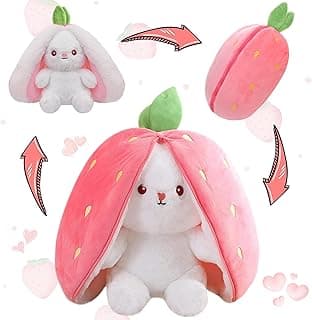 MIAODAM Bunny Stuffed Animal Reversible Cuddle Bunny Stuffed,Strawberry Bunny Transformed Rabbit Plush Zipper,Turns Into Ears Bunnies Plushies Toy Cute Stuffy Doll Easter