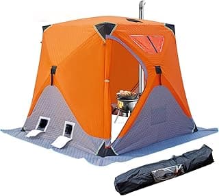 ABXMAS Ice Fishing Shelter 3-4 Person, Portable Insulated Ice Fishing Tent with Stove Jack, Hub-Style Shelter Shanty Waterproof 600D Insulated Layer 2 Doors 2 Windows for Winter