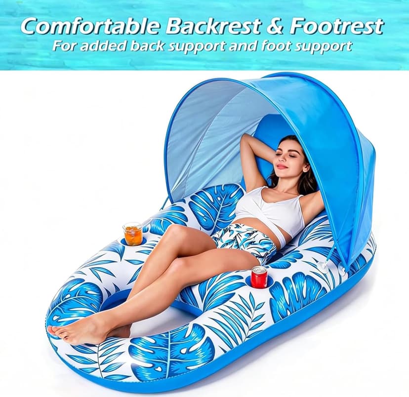 Jasonwell Pool Float with Canopy - Inflatable Pool Floaties Adult Lounger Floats Raft Floating Chair with Cup Holders for Swimming Pool Lake Water Lounge Float Beach Pool Party Toys for Adults