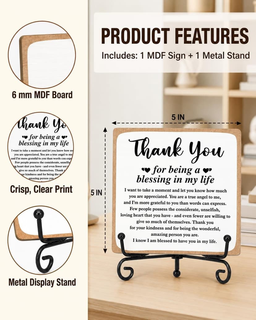 Thank You Gifts for Women Men Friends Mom, Thank You for Being A Blessing in My Life Wooden Plaque with Stand, Thanksgiving Day Gifts for Family Member Desk Decor - B75