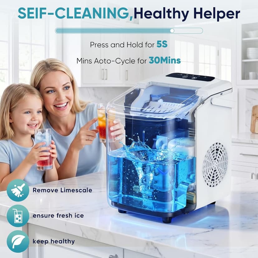 DUMOS Ice Maker Countertop, Ice Machine with Portable Handle, Basket and Scoop, 26lbs Daily, 9 Bullet Cubes in 6~8 Mins, Auto-Cleaning for Home, Kitchen, Office, Outdoors, RV Camping