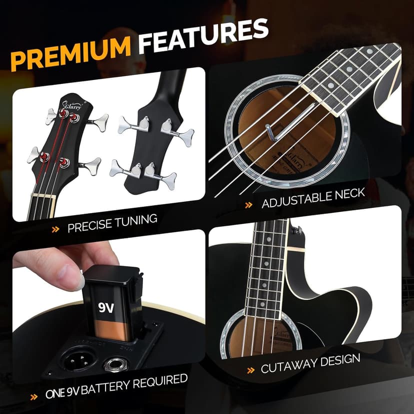 GLARRY Full Size Acoustic Electric Bass Guitar Beginner Kit w/ 15W Amp, Cutaway 4 Strings Electric Acoustic Bass Guitar w/Inbuilt Tuner, Bag, Strap, Picks, Strings, Bass Guitarra，Matte Black