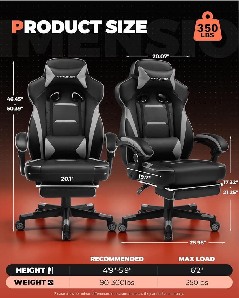 GTPLAYER Gaming Chair for Adults, Big and Tall 350LBS Heavy Duty Office Chair, Ergonomic High Back Lumbar Support and Recliner for Back Pain Relief, Sky Gray