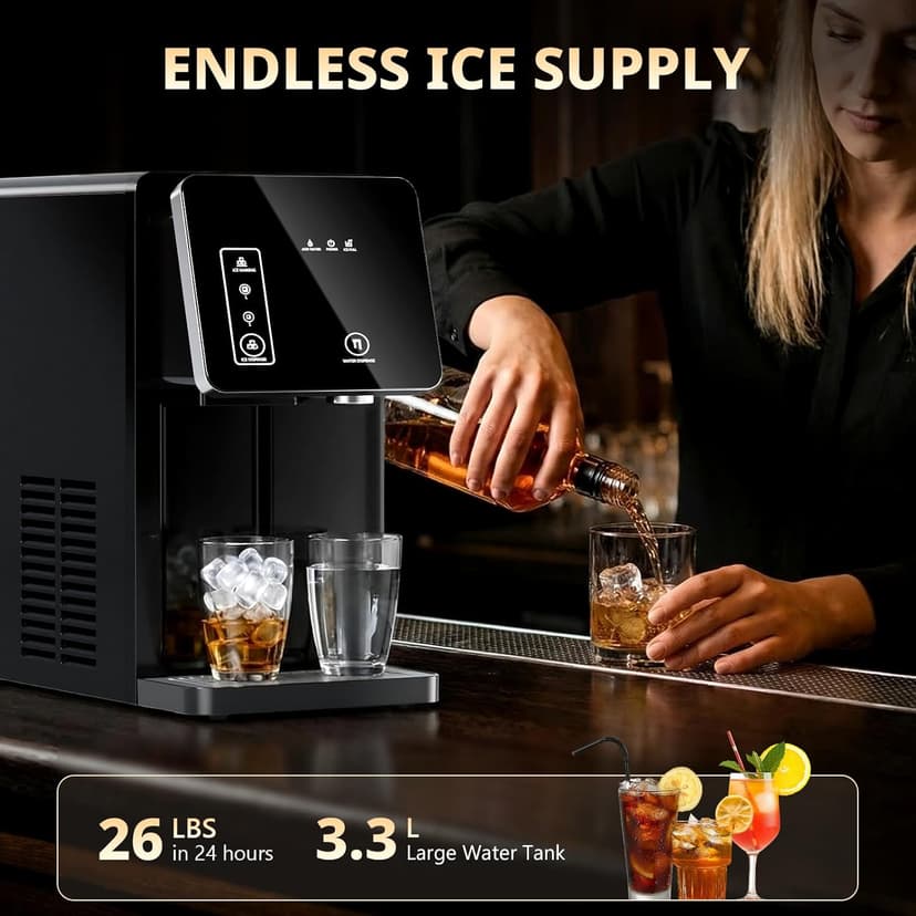 Cowsar 2-in-1 Countertop Ice Maker with Water Dispenser, 26lbs/24H, Fast 9 Ice in 8 Mins, 2 Sizes of Bullet Ice Machine with 3.3L Removable Water Tank for Home, Kitchen,Office