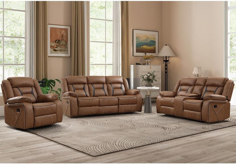 EBELLO Faux Leather Recliner Sofa Furniture Set for Living Room, Recliner Chair, Manual Loveseat, 3 Seat Recliniing Sofa Couch Set for Meeting Room, Brown