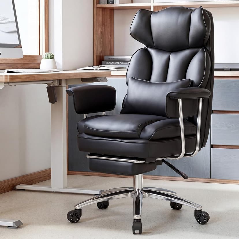 Sweetcrispy Executive Home Office Desk Chair - Ergonomic Big Tall High Back with Footrest & Lumbar Support, Reclining Height Adjustable, Comfy PU Leather Computer Gaming with Swivel Wheels, Black
