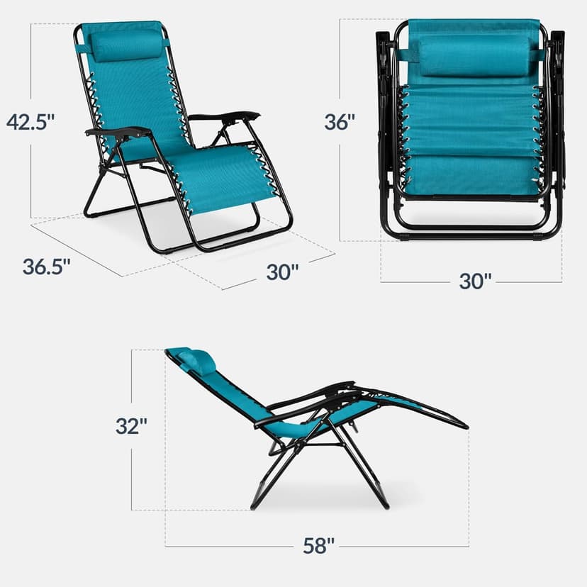 Best Choice Products Set of 2 Extra Wide Adjustable Steel Mesh Zero Gravity Lounge Chair Recliners w/Pillows and Cup Holder Trays - Peacock Blue