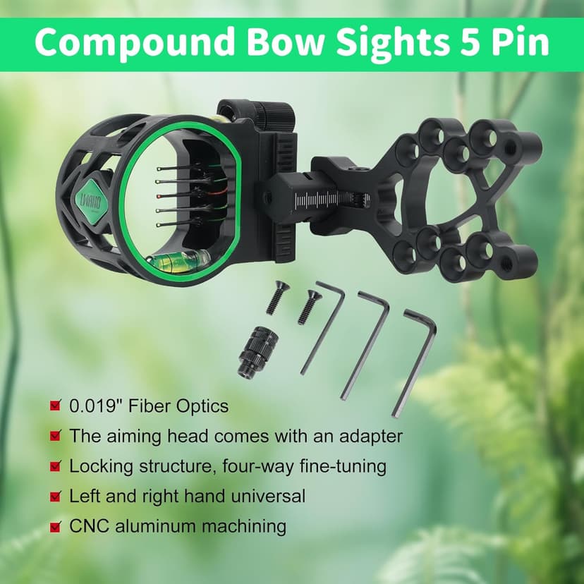 Archery 5-Pin Bow Sight - 0.019" Fiber, Brass Pin, Aluminum Machined - Right and Left Handed, with Hi-Vis Level for Archery, Hunting, Shooting