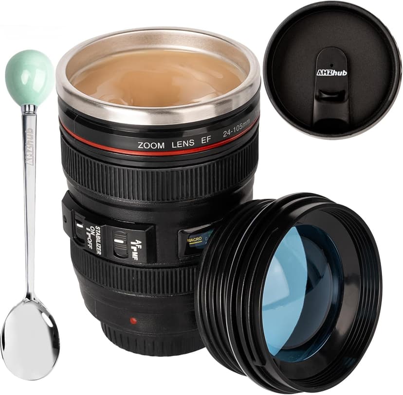 Camera Lens Coffee Mug,Travel Coffee Cup,Stainless Steel Lens Mug Thermos Camera Mugs with Lid and Spoon,Cool Gifts for Photographers Men and Women