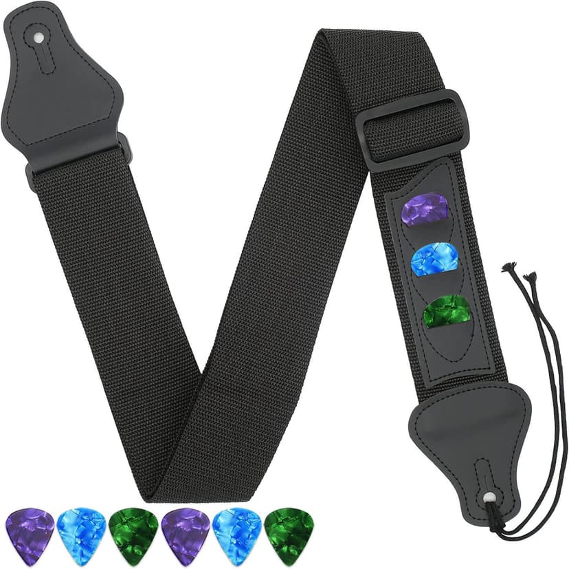 Qiifaiikooii Guitar Strap With 3 Pick Holders,6 Pcs Picks Guitar Accessories,Easy to Install(Black)