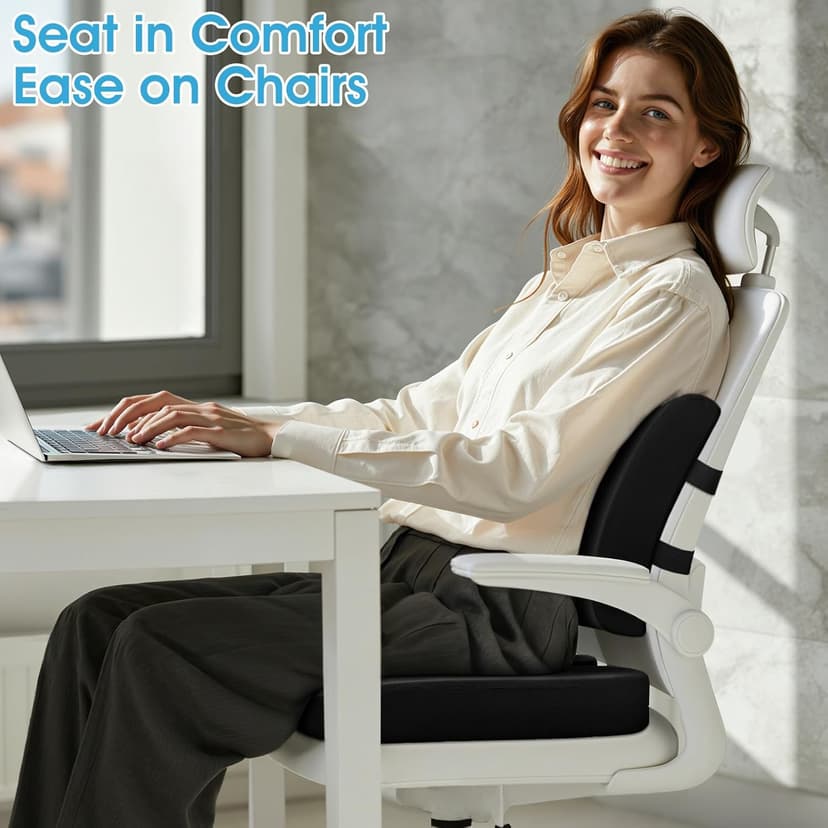 CushZone Ergonomic Seat Cushion & Lumbar Support Pillow - Memory Foam for Sciatica Pain Relief & Posture Correction, Non-Slip Chair Cushions for Office Chair/Car/Wheelchair/Travel (Black)