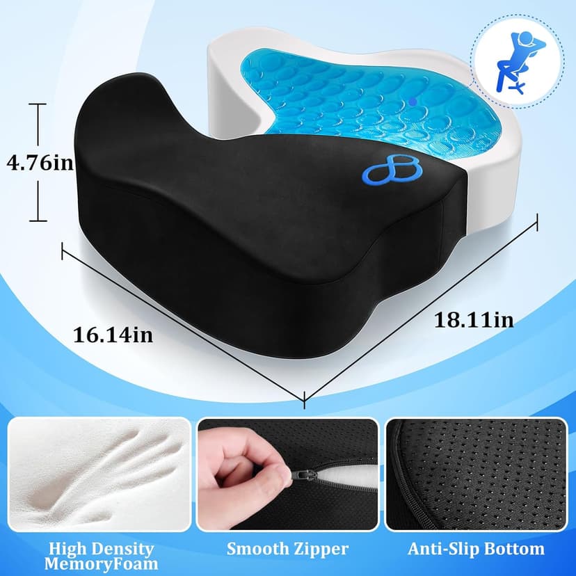 CushyOasis Seat Cushion, Gel Chair Cushions, Office Chair Cushions, Anti-Slip Bottom & Removable Cover Tailbone Pain Relief Cushion, Memory Foam Seat Cushion for Office, Wheelchair, Car (Black)