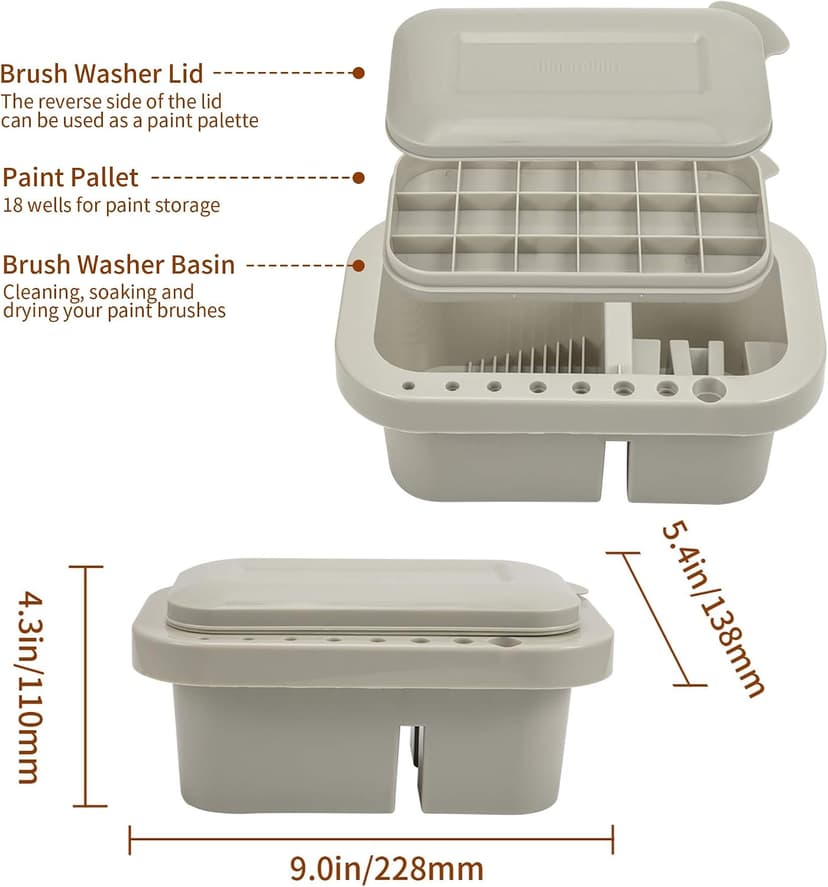 18 mixing wells, 16 slots fitting 0.24-0.63 in diameters, 3 washing compartments, removable tray lid MyLifeUNIT Paint Brush Cleaner, Paint Brush Holder with Palette, Grey B01H5JIU14