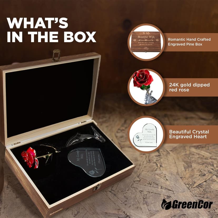 Anniversary for Wife Engraved Wooden Gift Set 'To My Beautiful Wife' Includes Crystal Engraved Heart 24K Gold Dipped Rose for Birthday Gifts