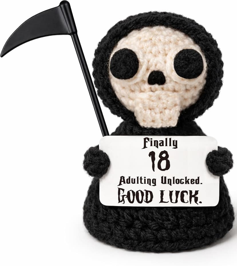 Unique 18th Birthday Gifts for Women Men - Mini Handmade Crochet Grim Reaper - Adulting Funny 18 Year Old Milestone Gag Gifts for Him Her - Handmade Crochet Desk Decor B0GS9Q8J46