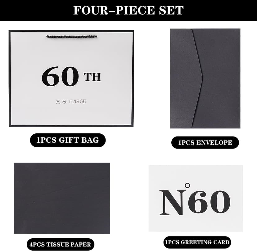 Jaywayang 60th Birthday White and Black Large Gift Bag with Card and Tissue Paper, Metallic Printing Keepsake Gift Vintage Bag for Men Women, 1965 Mom Dad 60 Year Old Party Paper Bag for Gifts Wrapping, Anniversary.