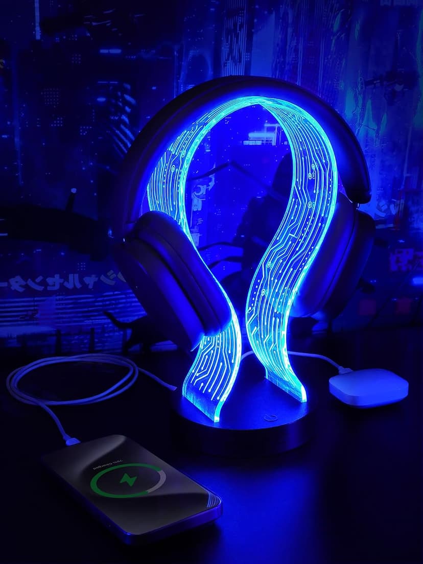 PCB Pattern Acrylic Headset Stand with 1 USB and 1 Type-C Charging Ports, Gifts for Men Boy Father Dad and DJ Music Lovers CoolGift Mart Light Up Headphone Stand, Gifts for Gamers B0DGKV973D