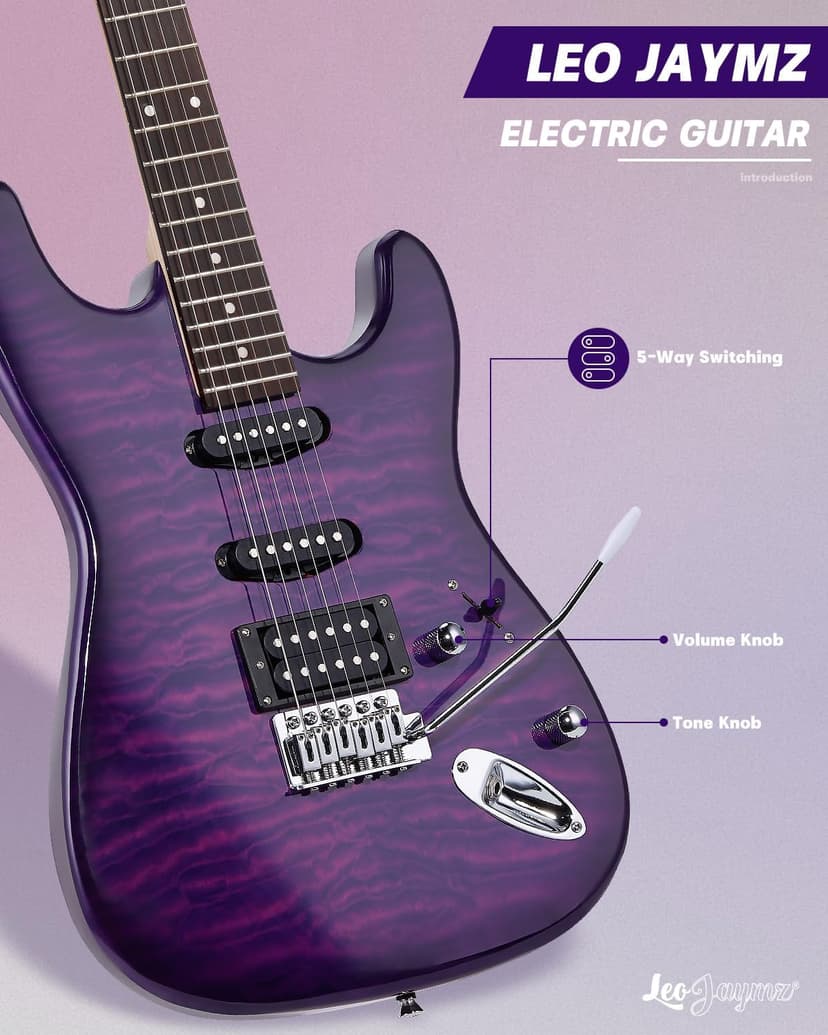 Leo Jaymz 39" Full Size ST Style Electric Guitar Starter Kit with SSH Pickup, 5W Portable Amp, Tuner, Gig Bag, Strap & Accessories (Violet Ocean)