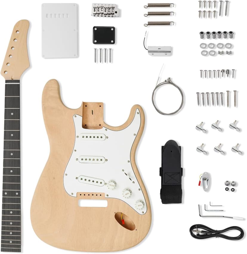 Ktaxon DIY Electric Guitar Kit with Mahogany Body, Full Size 6-String Electric Guitar Kits W/Maple Neck, Shoulder Strap, SSS Pickups, All Accessories Included, Wood Color (KST)