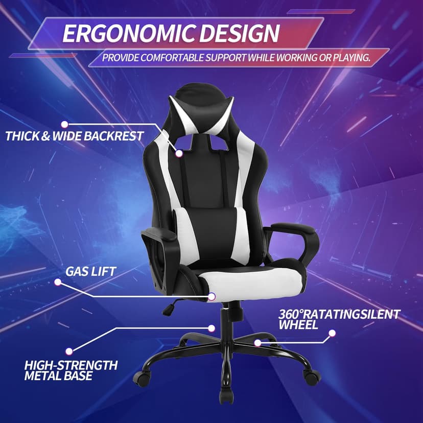 Gaming Chair Office Chair High-Back Ergonomic Video Game Chairs for Kids Teen Adult Height Adjustable Reclining Computer Chair with Lumbar Support Armrest Headrest Game Chair - White