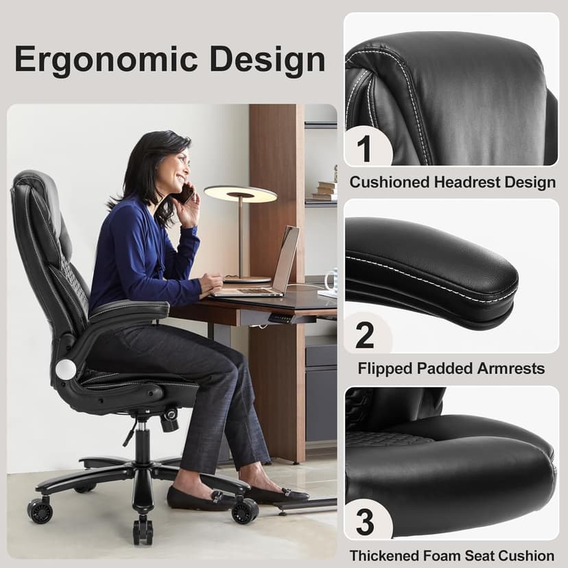 Big and Tall Ergonomic Office Chair, Executive Office Chair with Flip-up Arms, PU Leather Computer Desk Chair, Adjustable Lumbar Support Heavy Duty Space Saving Swivel Chair