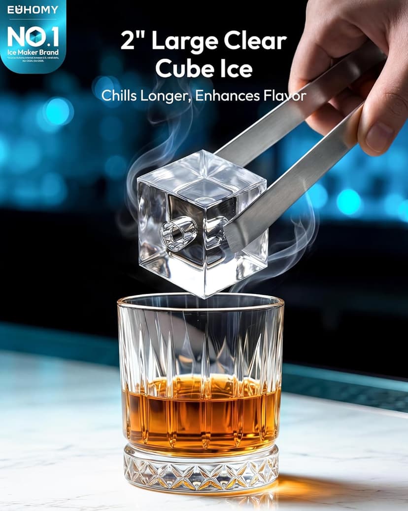 EUHOMY 2'' Clear Ice Cube Maker Countertop with APP, 2 Square Ice Ready in 27 Mins for Whiskey, Slow-Melting & Self-Cleaning, 110 Pcs/Day, 24H Timer, Clear Ice Maker with Ice Tong for Home/Bar/Party