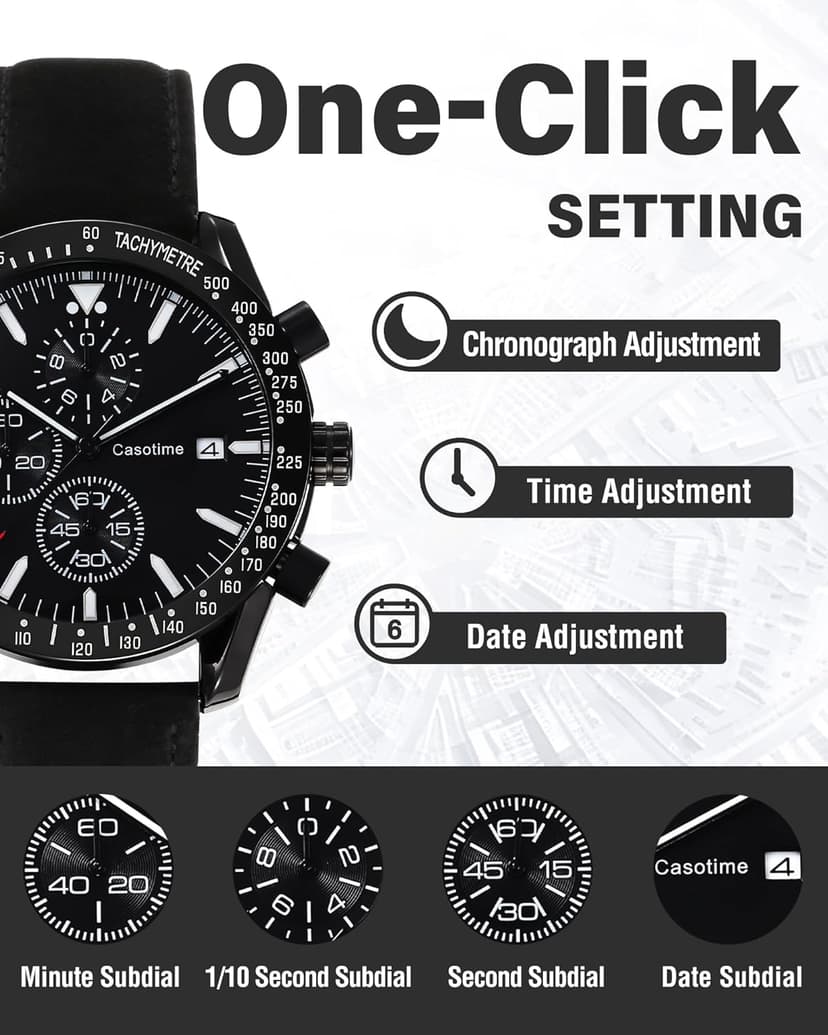 Casotime Men's Leather Band Chronograph Watch - 30M Waterproof Big Face Analog Quartz Date - Work Sport Casual Classical Fashion Designer Dress Wrist Watch - Elegant Gift for Men