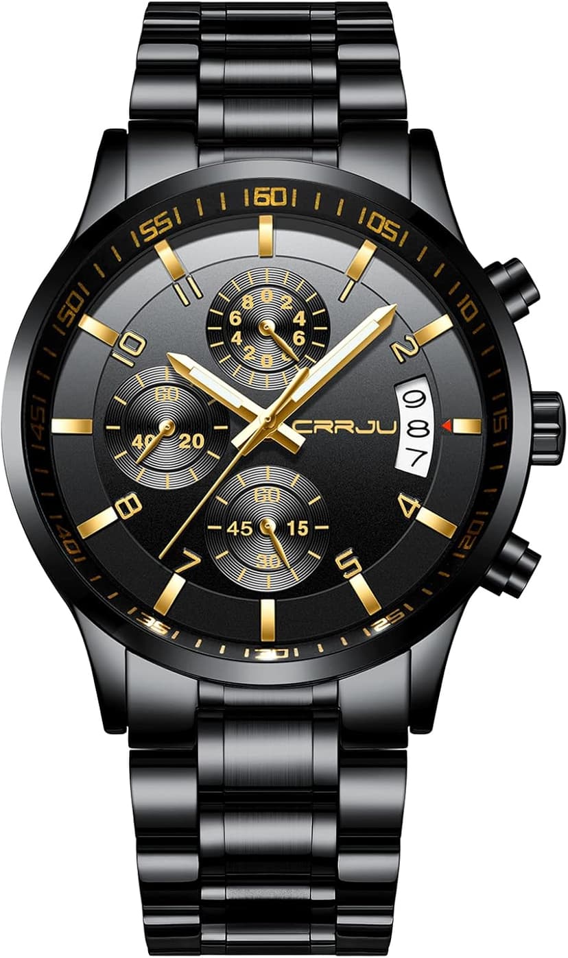 CRRJU Men's Fashion Stainless Steel Watches Date Waterproof Chronograph Wristwatches,Stainsteel Steel Band Waterproof Watch