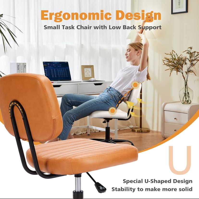 Sweetcrispy Small Office Desk Chair - Armless PU Leather with Comfy Lumbar Support, Height Adjustable Rolling Swivel Task for No Arms, for Adult, Student, Bedroom, Home, Vanity, Brown