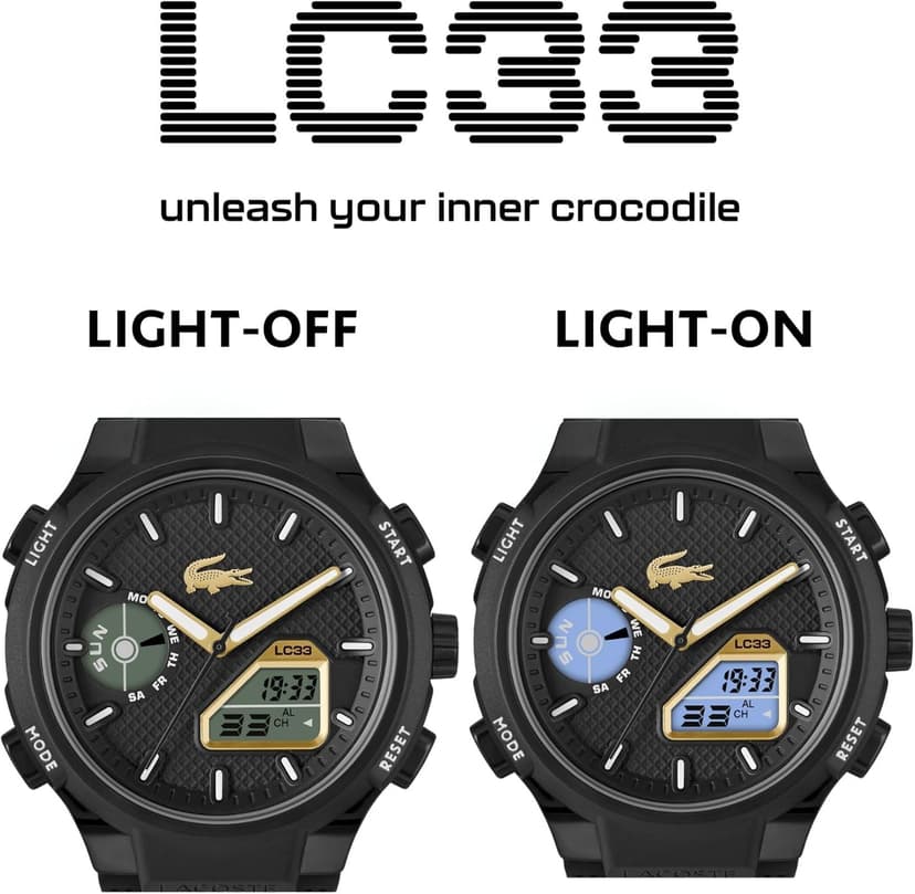 Lacoste LC33 Men's Analog-Digital Watch – TR90 Case, World Clock, Stopwatch, Alarm, Backlight, Textured Silicone Strap, Premium Fashion Timepiece - Gift for Him - 45mm