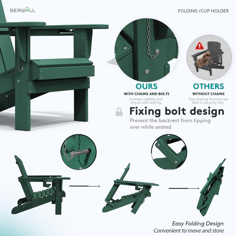 SERWALL Adirondack Chair with Cup Holders - Composite Adirondack Chairs Set of 4 HDPE Outdoor Chairs All Weather Use- Green