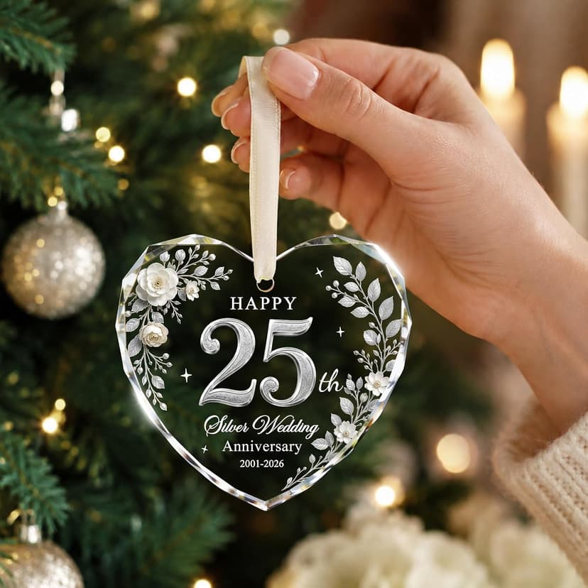 Glass 25th Anniversary Gifts for Couples Wife Husband Parents, 25 Year Anniversary Ornaments for Christmas Tree Decorations 25th Wedding Anniversary Ornament, Happy 25th Silver Anniversary Keepsake B0HFJ9P8KK
