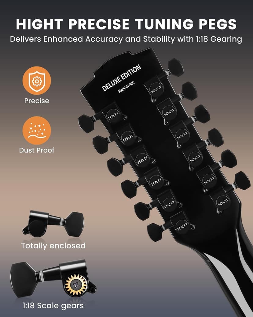 Fesley 12 String Guitar: 42" Full Size Acoustic Electric Guitars for Beginners Adults, Spruce Top Guitarra Acustica, Cutaway Guitar Bundle with Gig Bag, Picks, Strings, Strap, Gloss, Black
