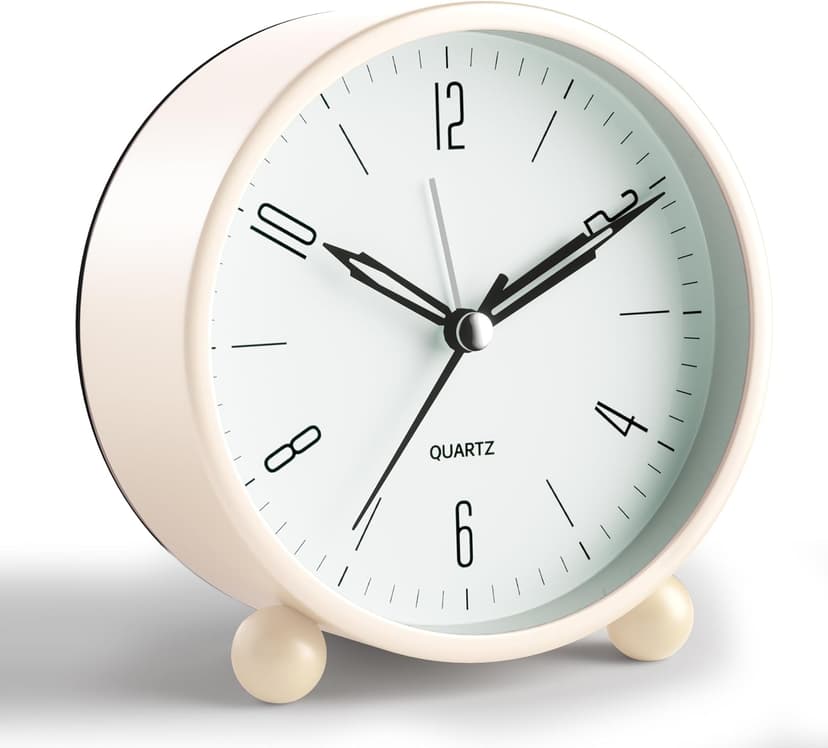 Analog Alarm Clock, 4 inch Super Silent Non Ticking Small Clock with Night Light, Battery Operated, Simple Design, Old Fashioned Style Cream Decor, for Bedroom, Bedside, Desk, Adult, Kid, Gift, White