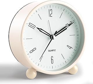 Analog Alarm Clock, 4 inch Super Silent Non Ticking Small Clock with Night Light, Battery Operated, Simple Design, Old Fashioned Style Cream Decor, for Bedroom, Bedside, Desk, Adult, Kid, Gift, White