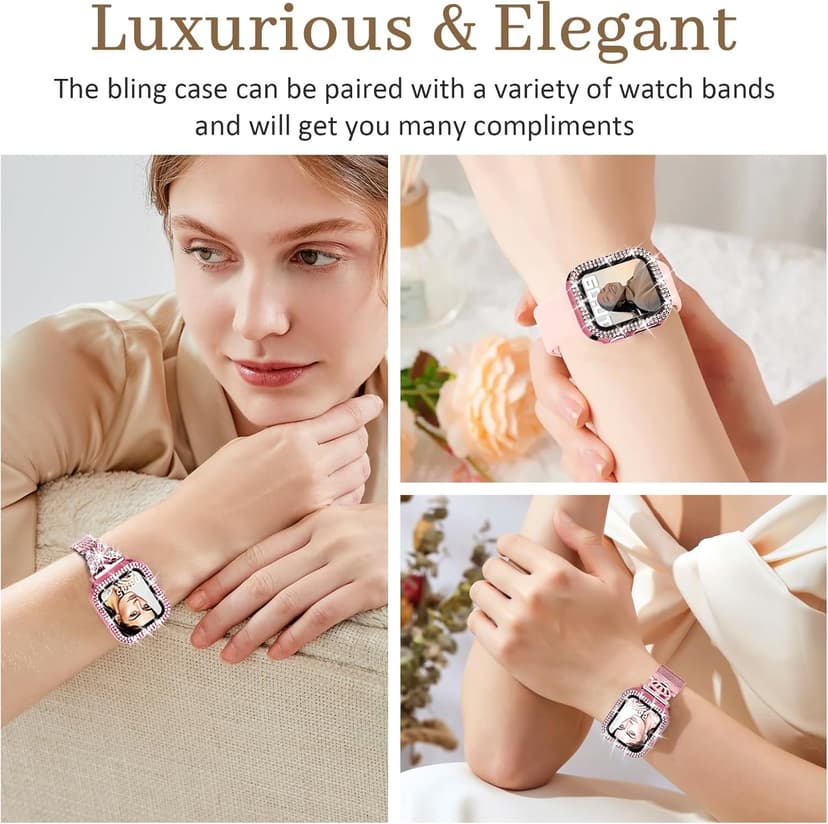 Newlibery Bling Watch Case with HD Screen Protector Women Compatible with Apple Watch 40mm Diamond Protective PC Face Cover Frame Protector for iWatch Series 6/5/4/SE/SE2/SE3 Pink