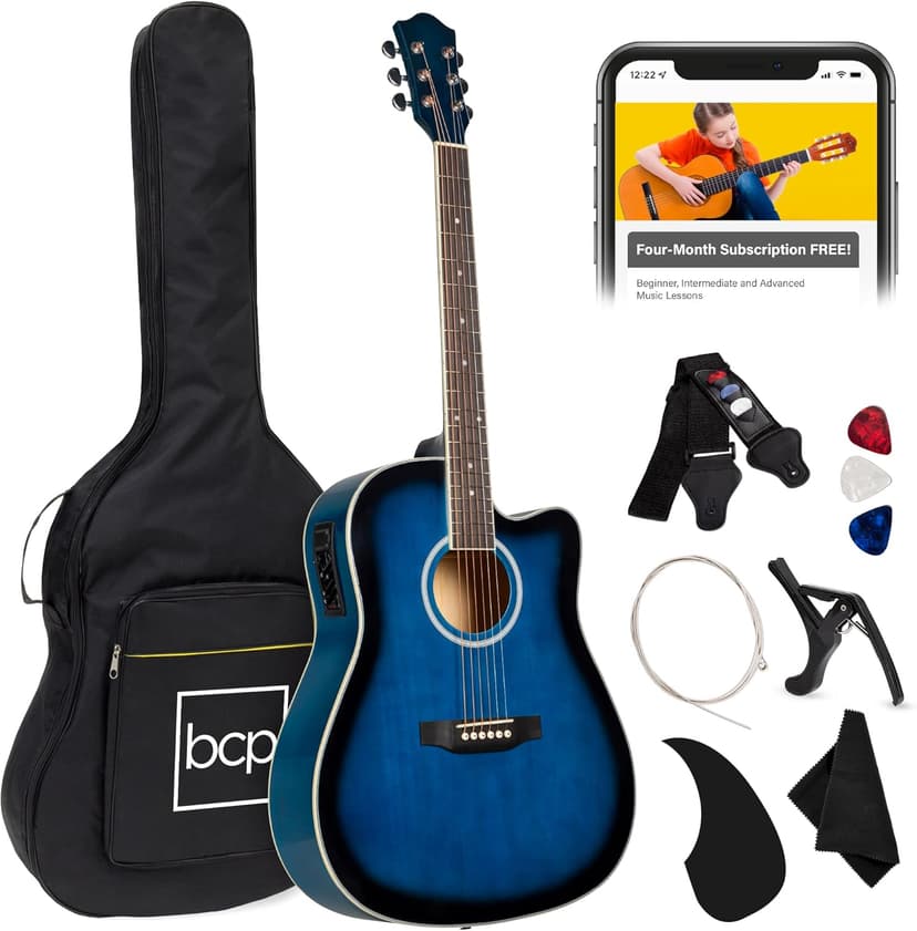 Best Choice Products Beginner Acoustic Electric Guitar Starter Set 41in w/All Wood Cutaway Design, Carrying Case, Strap, Picks, Cable - Blue