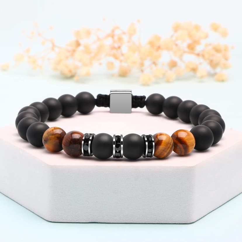 JoycuFF Gifts for Men Natural Tiger Eye Black Matte Agate Bracelets, Christmas Birthday Gifts for Boyfriend Husband Brother from Girlfriend Wife, To My Man Bead Bracelets