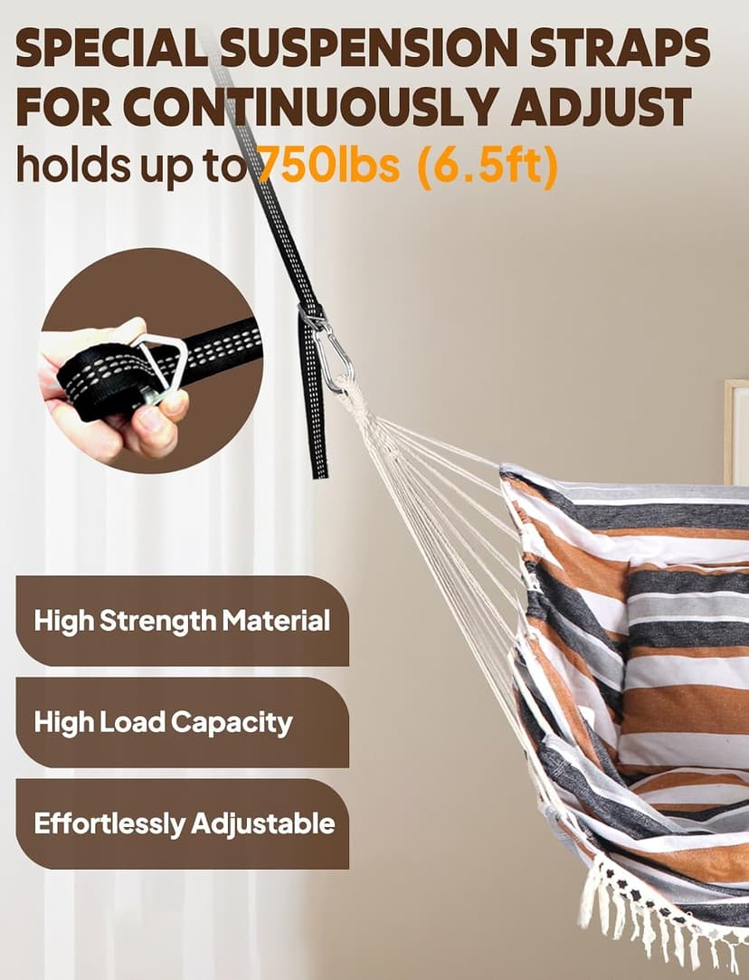 Chihee Hammock Chair Hanging Swing 2 Pillows Included,Strong Webbing Straps and Hooks for Easy Hanging Soft Cotton Hanging Chair Side Pocket Tassel Chair Comfort Indoor Outdoor Brown Stripes