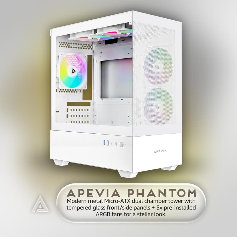 Apevia Phantom-MESH-WH Phantom Micro-ATX Dual-Chamber Mesh Gaming PC Case w/ 5X 120mm ARGB Fans, 366 RGB Modes, Mesh Airflow Performance Front Panel, 240mm Radiator Support, 2X USB3.0, HD Audio, White