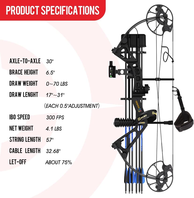 Sanlida Dragon X7 Ready to Hunt Compound Bow Package for Adults, Archery Compound Bow and Arrow Set, 0-70 Lbs Draw Weight, No Bow Press Needed, RH Only, Limited Life-time Warranty