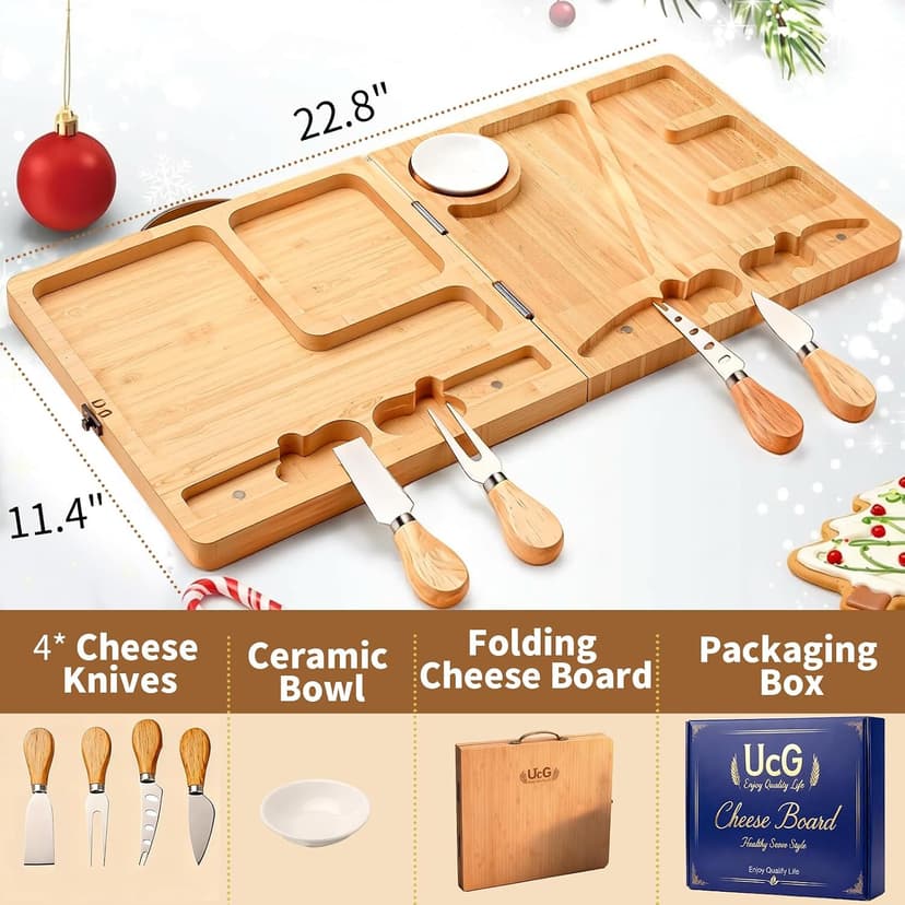 Charcuterie Board Gifts for Women: Bamboo Folding Cheese Board with Knife Set - Unique White Elephant Gift, Birthday Party House Warming Gift for Housewife