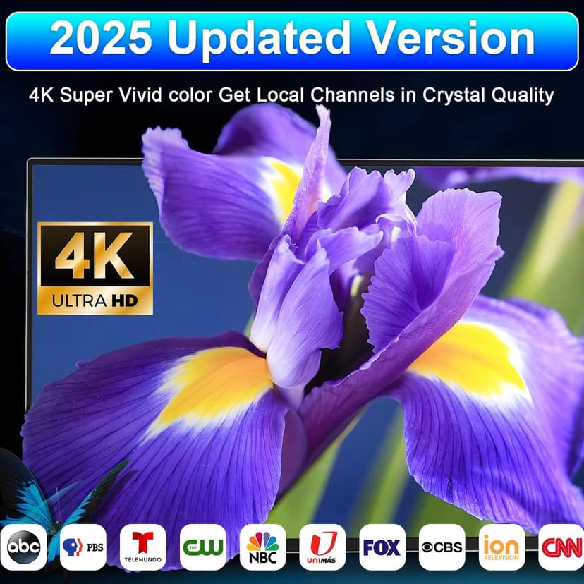 Rabbit Ear TV Antenna 2025 Upgraded, HDTV Digital Antenna for Free 4K/1080p HD Local Channels, Long Range Indoor Reception with 360° Signal for Smart & Old TVs, VHF/UHF Support, Easy Setup