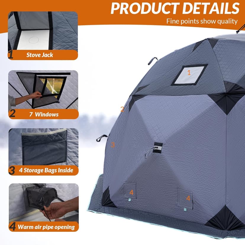 QualyQualy Insulated Pop-Up Tent with Floor - 8-10 Person Ice Fishing Shelter, 147sq.ft Windproof Ice Shack Hut with Stove Jack, Carrying Bag