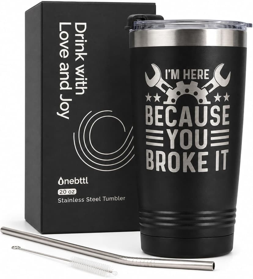Maintenance man gift with a funny laser-engraved 20oz tumbler, hot/cold insulation, splash-proof lid, and gift-ready box Onebttl Maintenance Man Gifts for Men, 20oz Stainless Steel Coffee Tumbler B0C6XBJ6T8