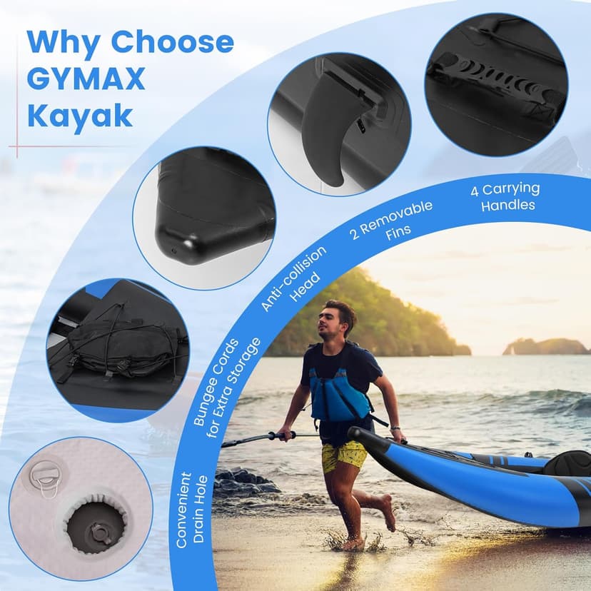 GYMAX Inflatable Kayak, 12.5Ft 507lbs Tandem Kayak with 2 Aluminum Paddles, 2 Padded Seats, Footrests, 2 Fins, Hand Pump, Carry Bag & Repair Kit, 2 Person Fishing Touring Kayak for Adults