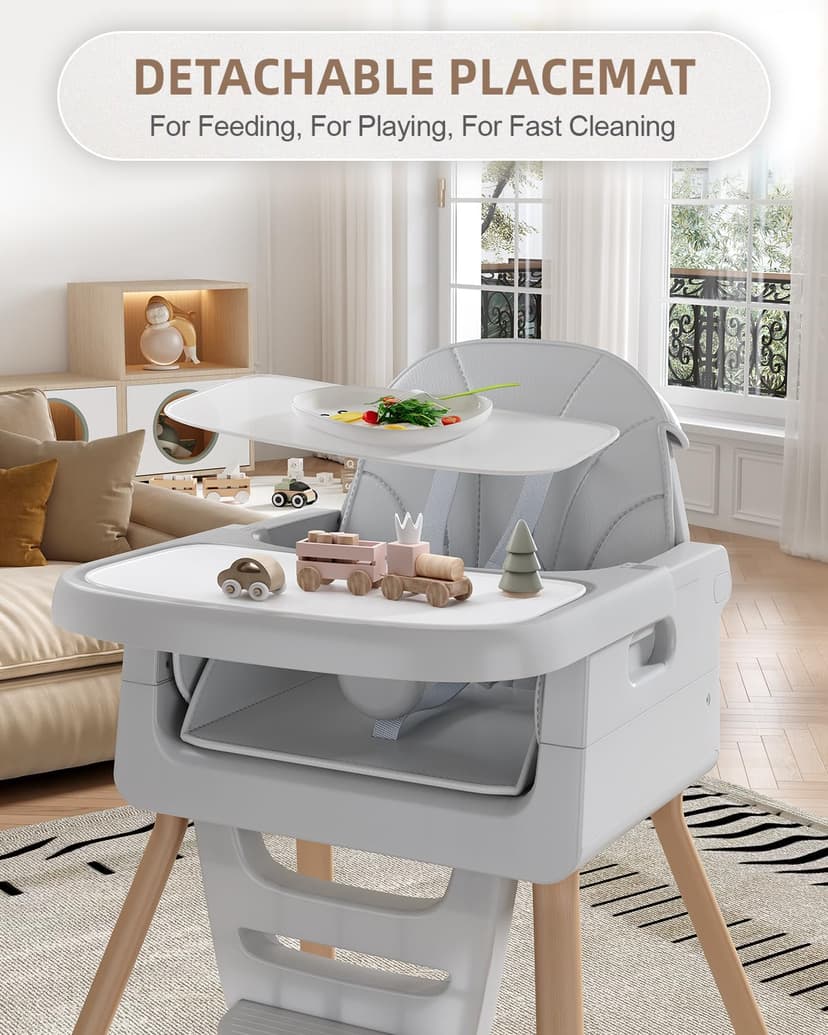 Baby High Chair for 6 Months+, Foldable High Chairs for Babies and Toddlers, Convertible High Chair, Adjustable Tray & Footrest, Portable High Chair & Easy to Clean(Grey with Wood Grain)
