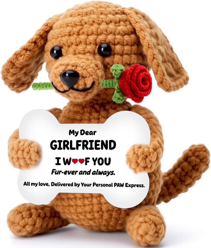 Funny Dog Mothers Day Girlfriend Gf Gifts, Anniversary Birthday Gifts for Girlfriend from Boyfriend, Mini Cute Cool Stuff Things Romantic I Love You Presents, Small Happy Crochet Rose Dog Puppy